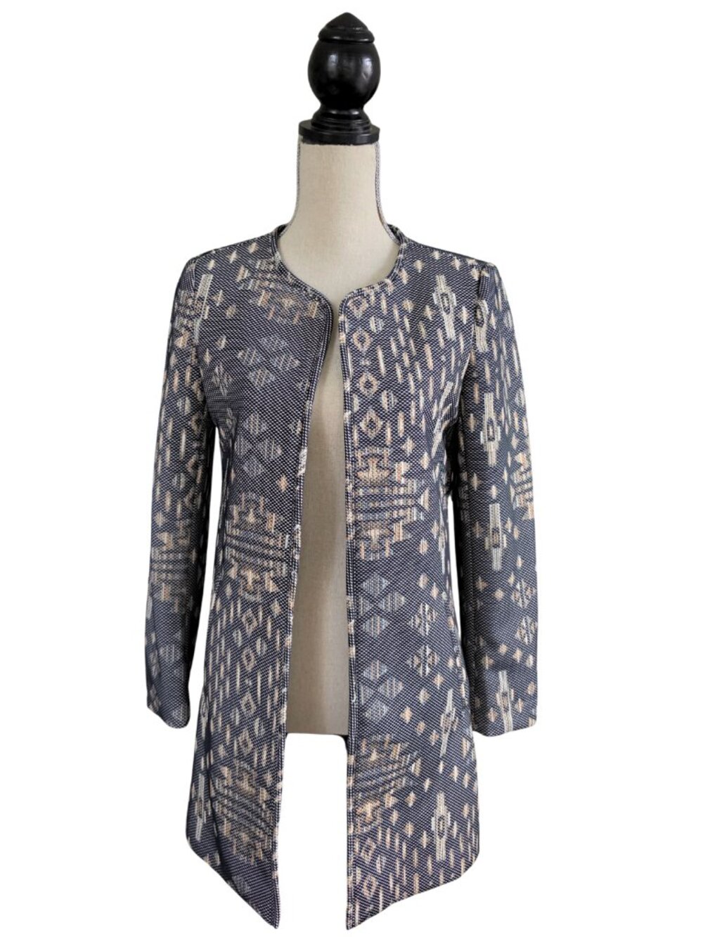 H&M Geometric Jacquard Open Front Longline Blazer Jacket Shoulder Pads Size 6